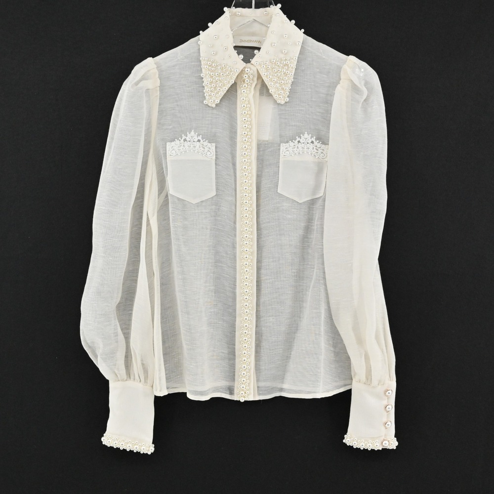 Zimmermann High Tide‎ Pearl Shirt Womens Size 1 Ivory Embellished Sheer Cotton